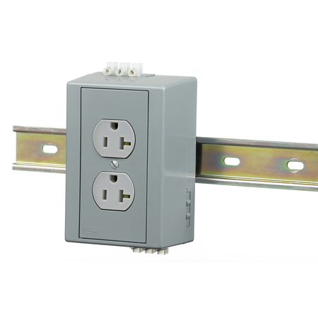 HUBBELL WIRING DEVICE-KELLEMS DIN Rail Utility Box, Complete Unit- Duplex Receptacle with Aux Contact, DIN Rail Box, 20A Duplex, Gray DRUB20AC